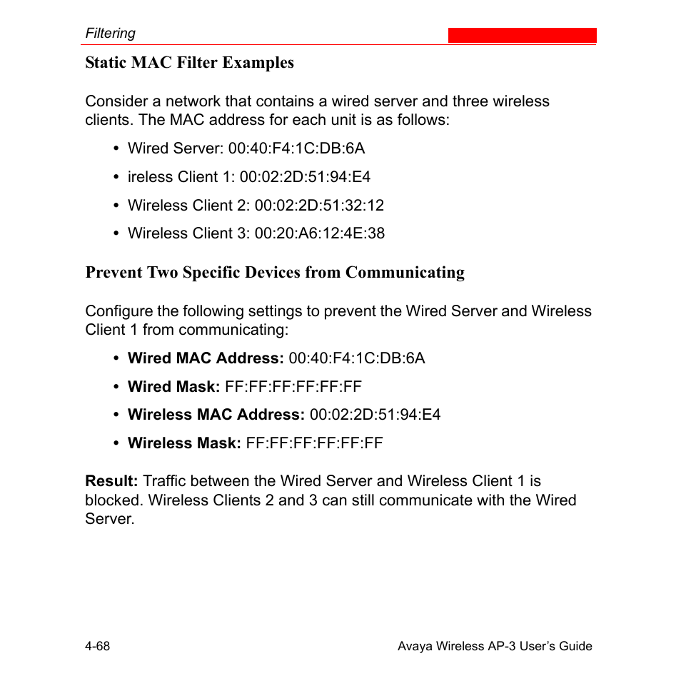 Static mac filter examples, Prevent two specific devices from communicating, Static mac filter examples -68 | Avaya Wireless AP-3 User Manual | Page 156 / 425