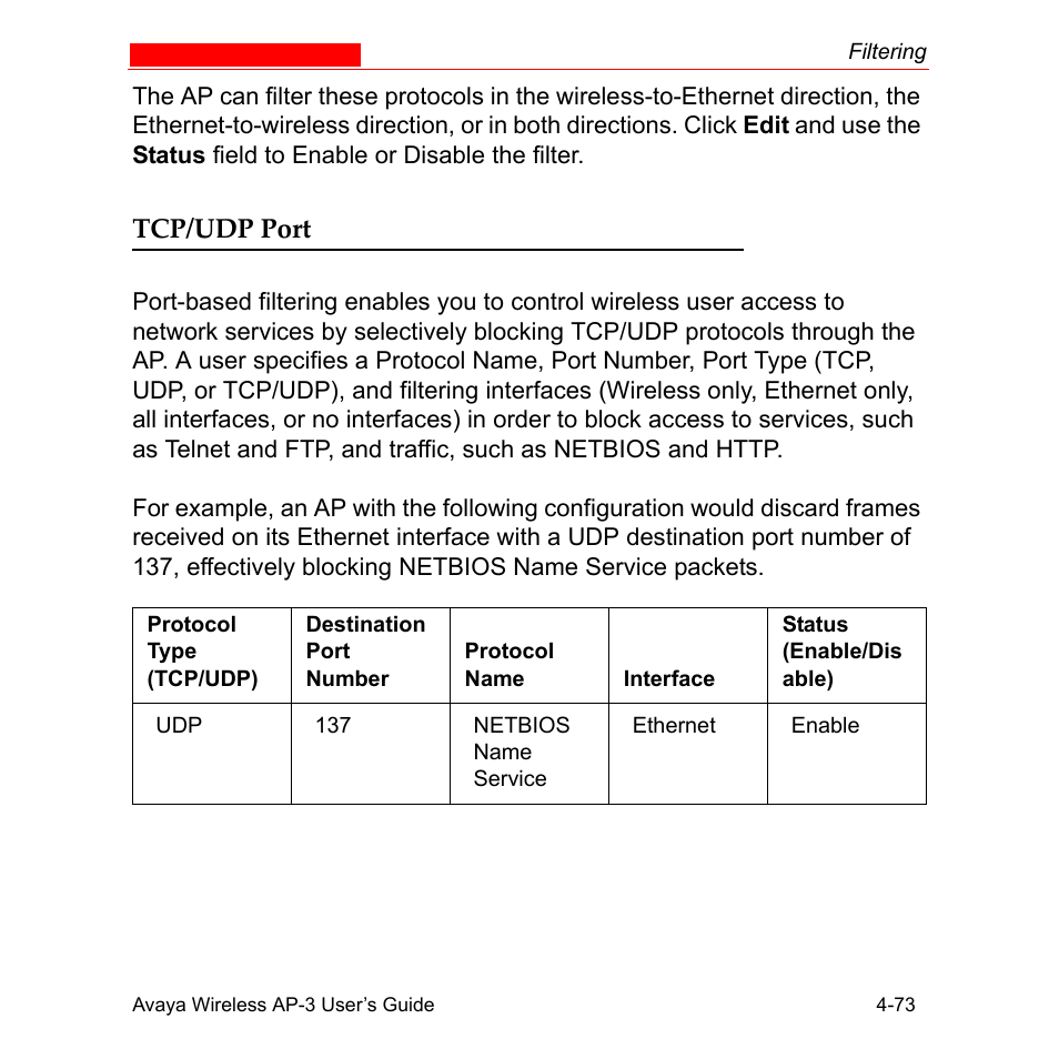 Tcp/udp port, Tcp/udp port -73 | Avaya Wireless AP-3 User Manual | Page 161 / 425