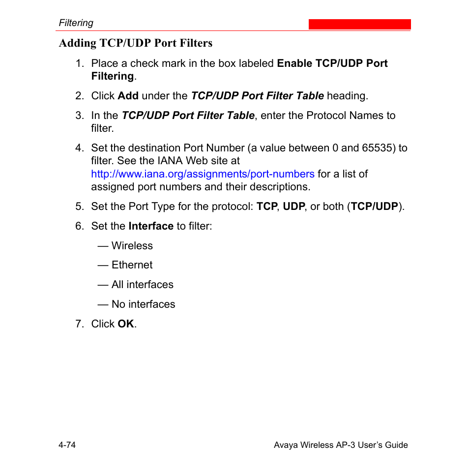 Adding tcp/udp port filters, Adding tcp/udp port filters -74 | Avaya Wireless AP-3 User Manual | Page 162 / 425