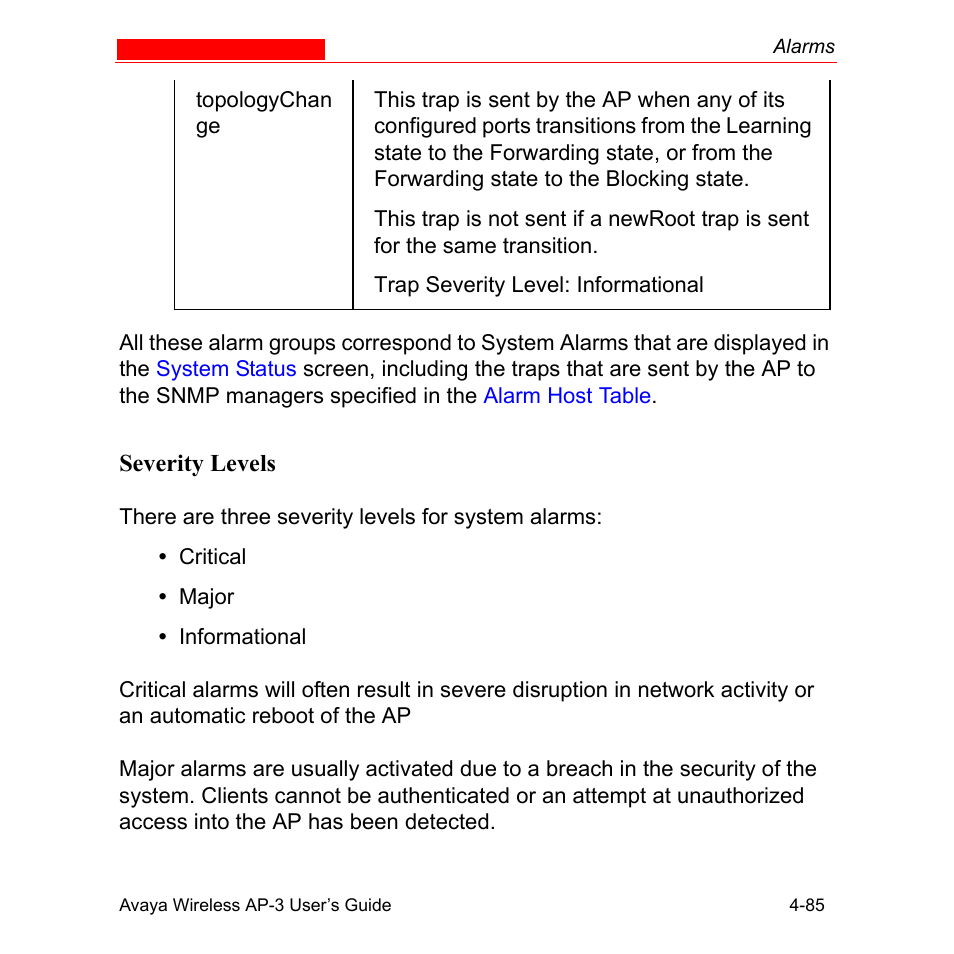 Severity levels, Severity levels -85 | Avaya Wireless AP-3 User Manual | Page 173 / 425