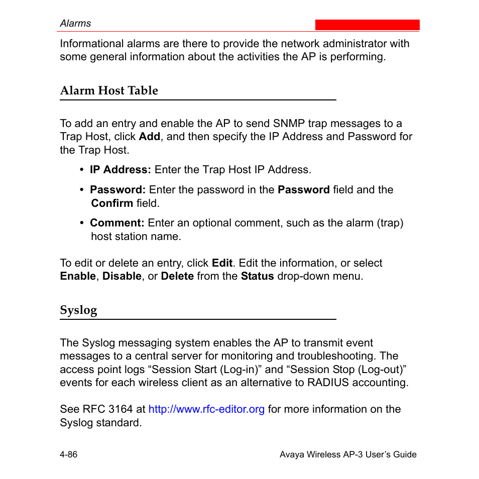 Alarm host table, Syslog, Alarm host table -86 syslog -86 | Avaya Wireless AP-3 User Manual | Page 174 / 425