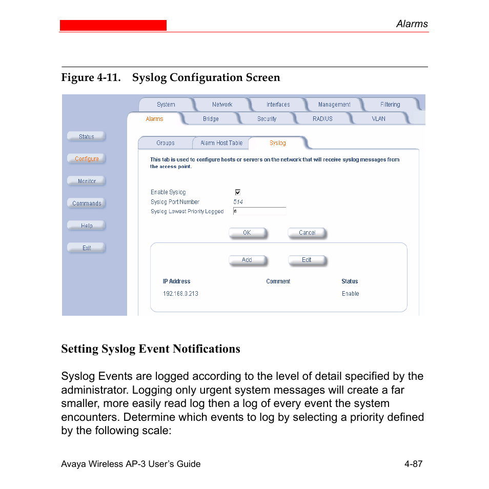 Setting syslog event notifications, Setting syslog event notifications -87 | Avaya Wireless AP-3 User Manual | Page 175 / 425