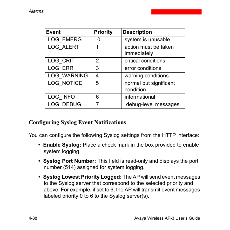 Configuring syslog event notifications, Configuring syslog event notifications -88 | Avaya Wireless AP-3 User Manual | Page 176 / 425