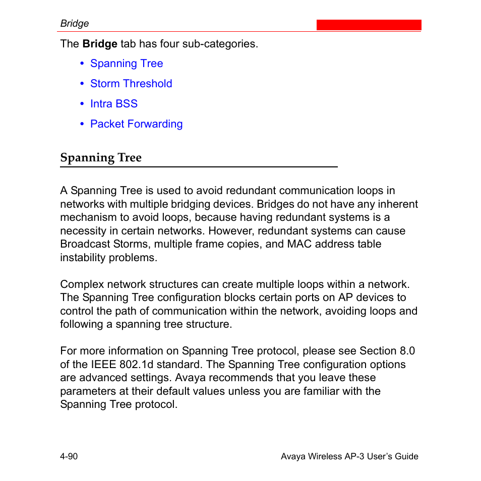 Spanning tree, Spanning tree -90 | Avaya Wireless AP-3 User Manual | Page 178 / 425