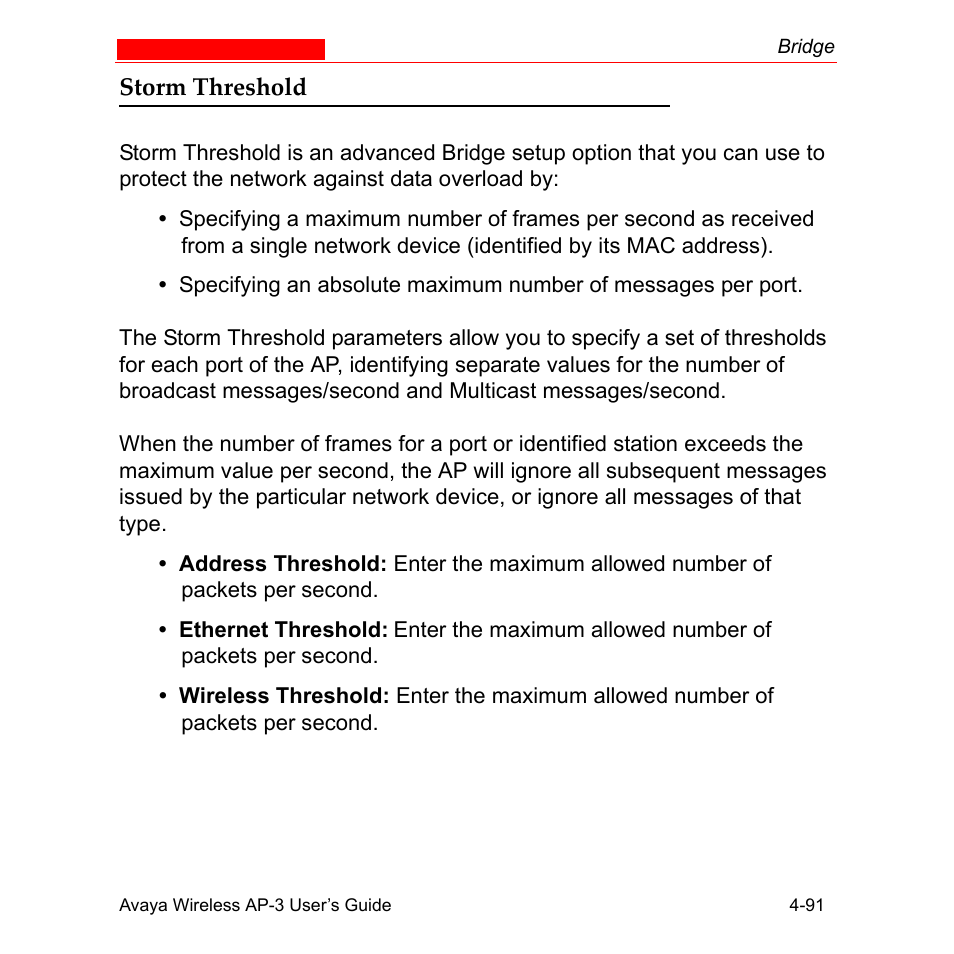 Storm threshold, Storm threshold -91 | Avaya Wireless AP-3 User Manual | Page 179 / 425