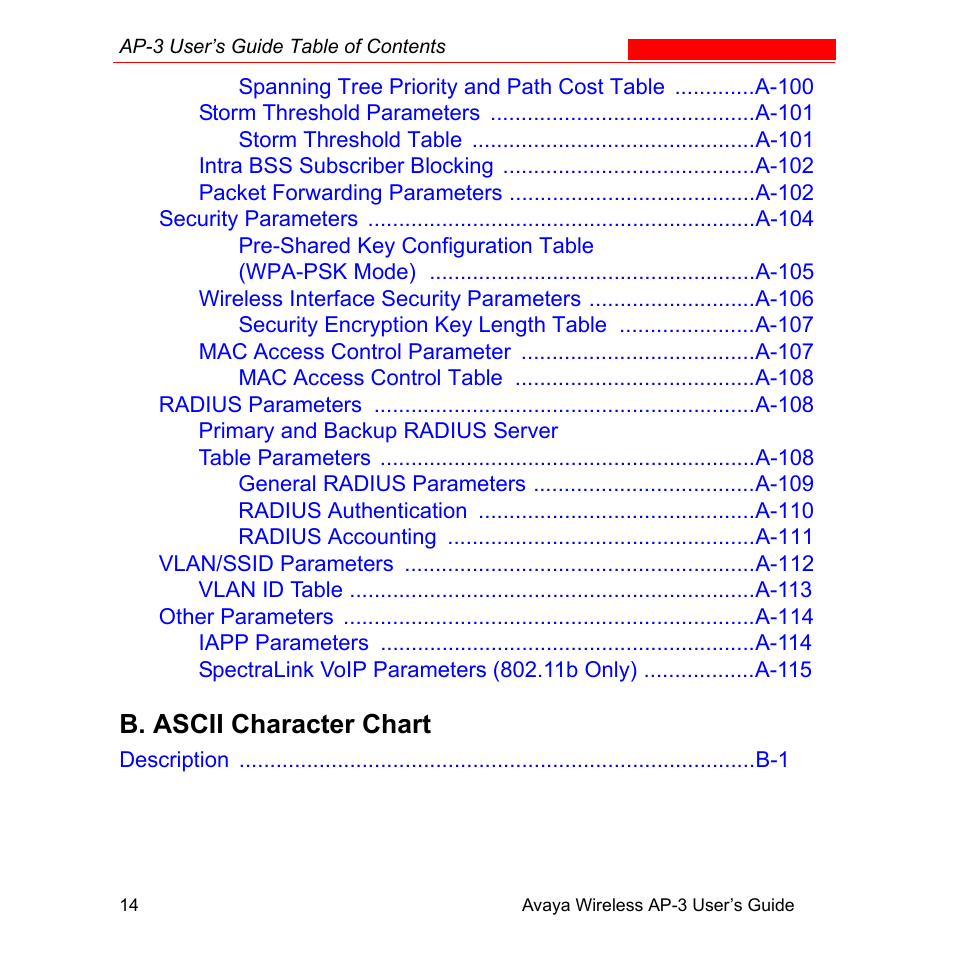 B. ascii character chart | Avaya Wireless AP-3 User Manual | Page 18 / 425