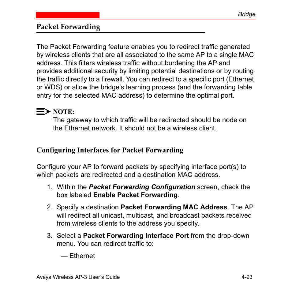 Packet forwarding, Configuring interfaces for packet forwarding, Packet forwarding -93 | Configuring interfaces for packet forwarding -93 | Avaya Wireless AP-3 User Manual | Page 181 / 425