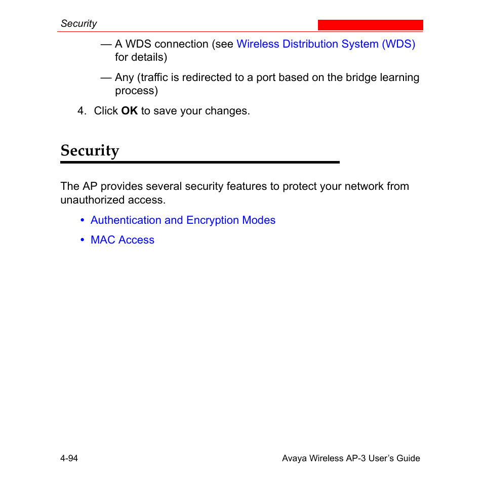 Security, Security -94 | Avaya Wireless AP-3 User Manual | Page 182 / 425