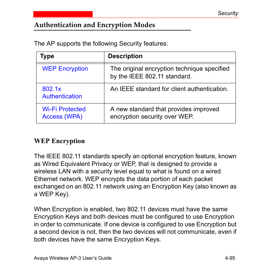 Authentication and encryption modes, Wep encryption, Authentication and encryption modes -95 | Wep encryption -95 | Avaya Wireless AP-3 User Manual | Page 183 / 425