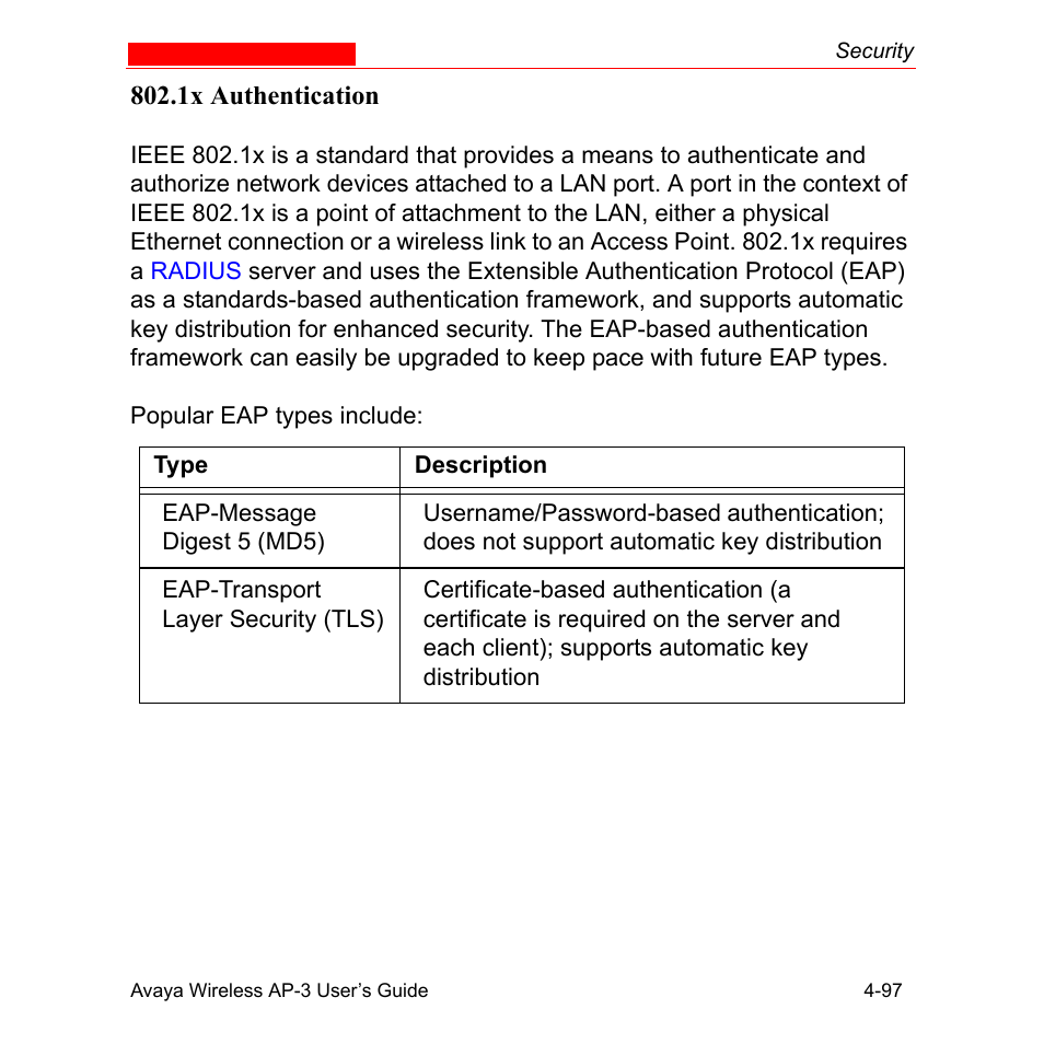 1x authentication, 1x authentication -97 | Avaya Wireless AP-3 User Manual | Page 185 / 425