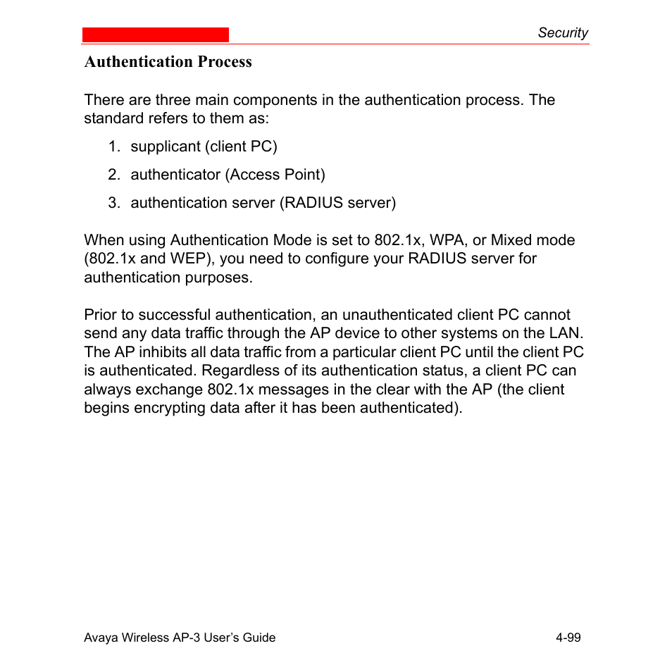 Authentication process, Authentication process -99 | Avaya Wireless AP-3 User Manual | Page 187 / 425