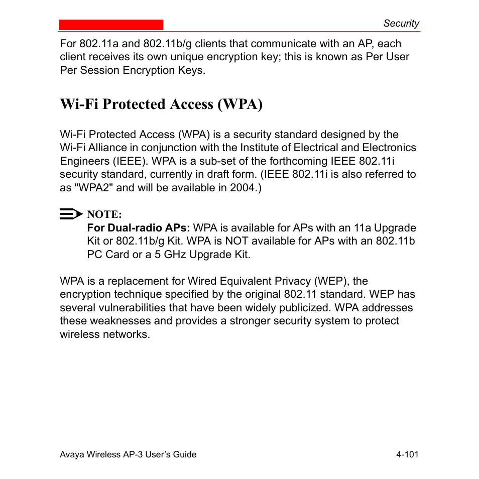 Wi-fi protected access (wpa), Wi-fi protected access (wpa) -101 | Avaya Wireless AP-3 User Manual | Page 189 / 425