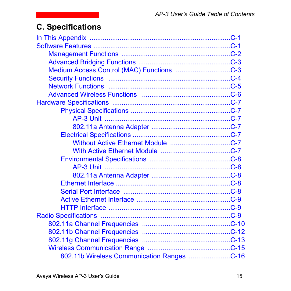 C. specifications | Avaya Wireless AP-3 User Manual | Page 19 / 425