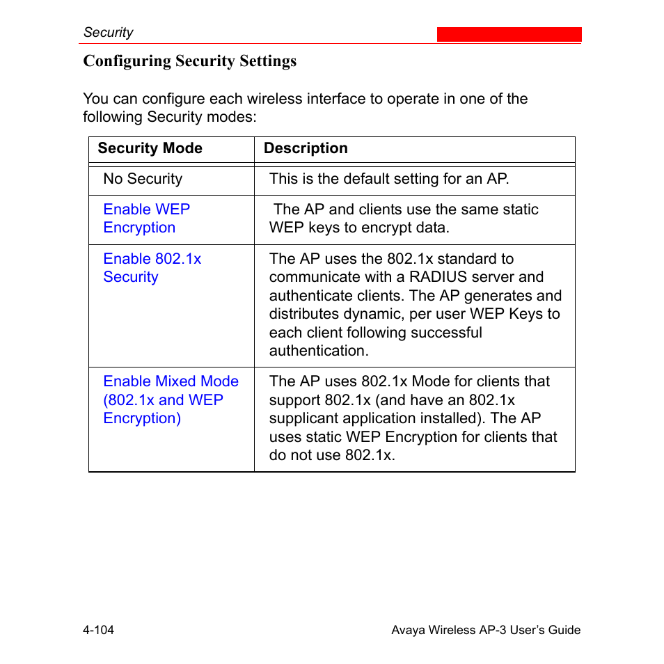 Configuring security settings, Configuring security settings -104 | Avaya Wireless AP-3 User Manual | Page 192 / 425
