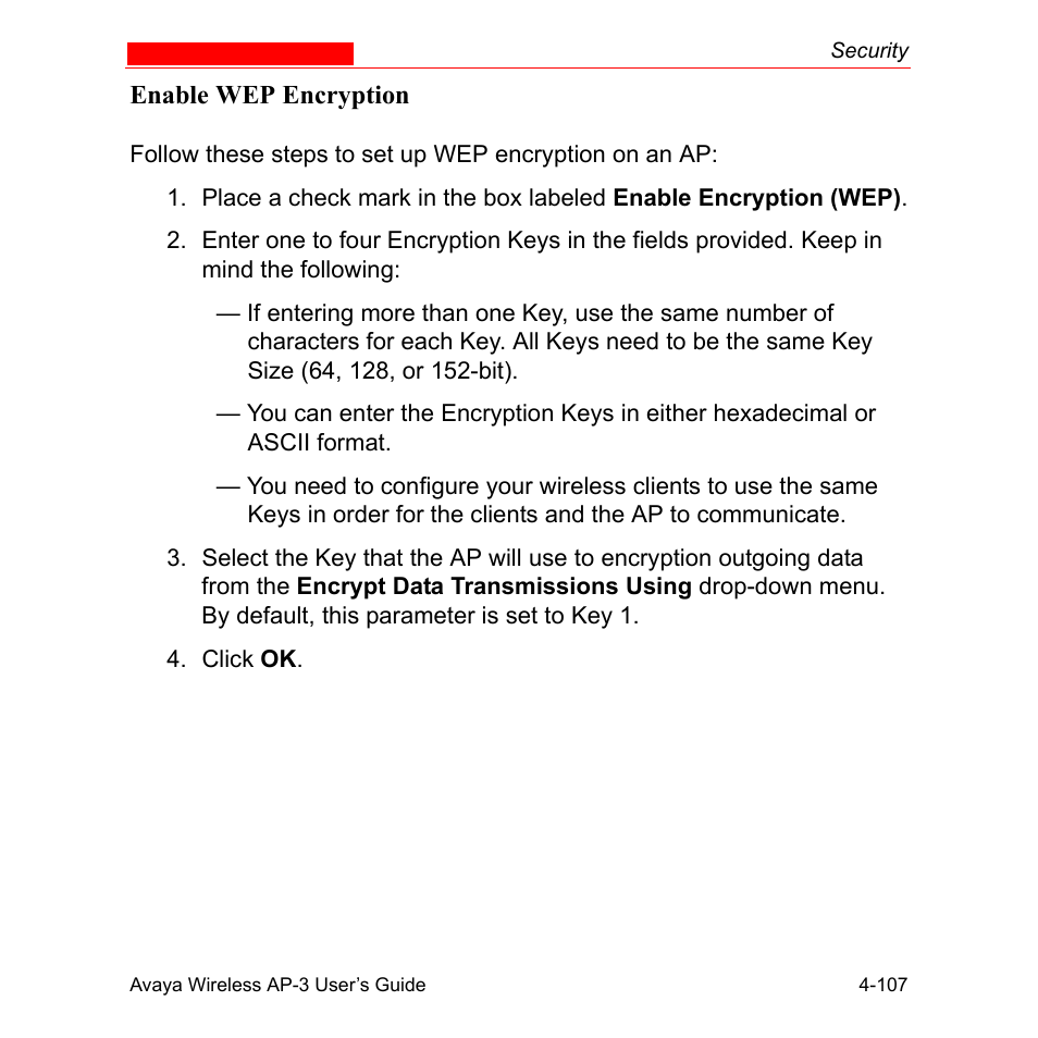 Enable wep encryption, Enable wep encryption -107 | Avaya Wireless AP-3 User Manual | Page 195 / 425