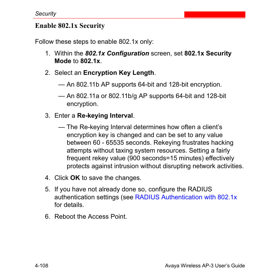 Enable 802.1x security, Enable 802.1x security -108 | Avaya Wireless AP-3 User Manual | Page 196 / 425