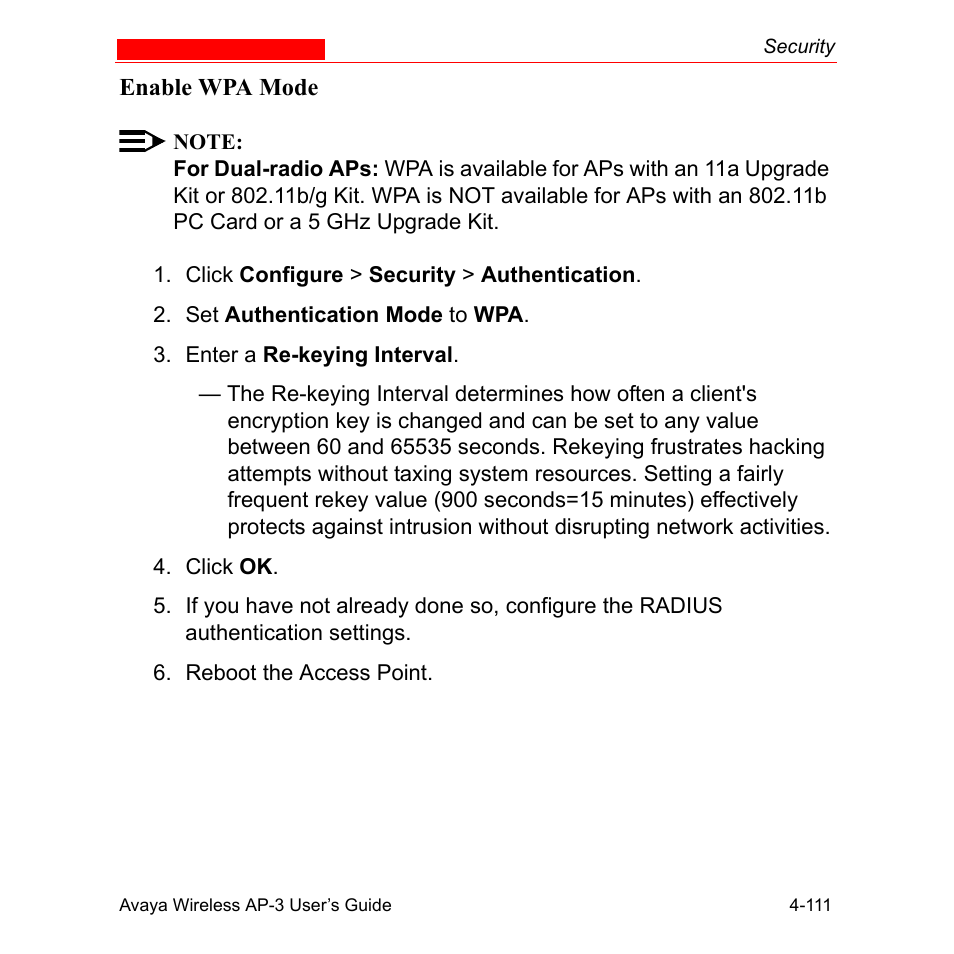 Enable wpa mode, Enable wpa mode -111 | Avaya Wireless AP-3 User Manual | Page 199 / 425