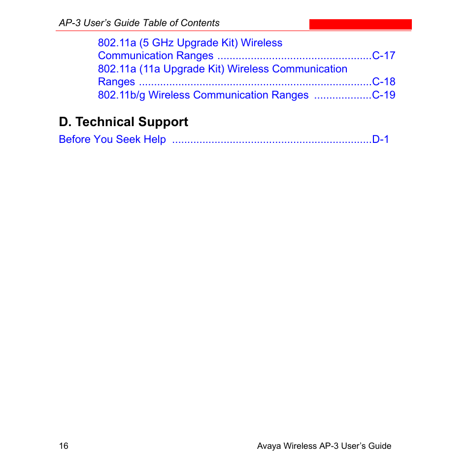 D. technical support | Avaya Wireless AP-3 User Manual | Page 20 / 425