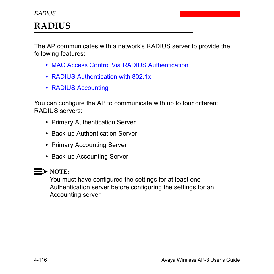 Radius, Radius -116 | Avaya Wireless AP-3 User Manual | Page 204 / 425