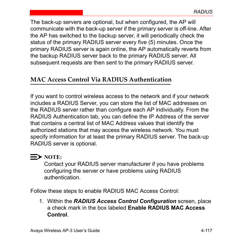 Mac access control via radius authentication, Mac access control via radius authentication -117, Access control via radius authentication | Avaya Wireless AP-3 User Manual | Page 205 / 425