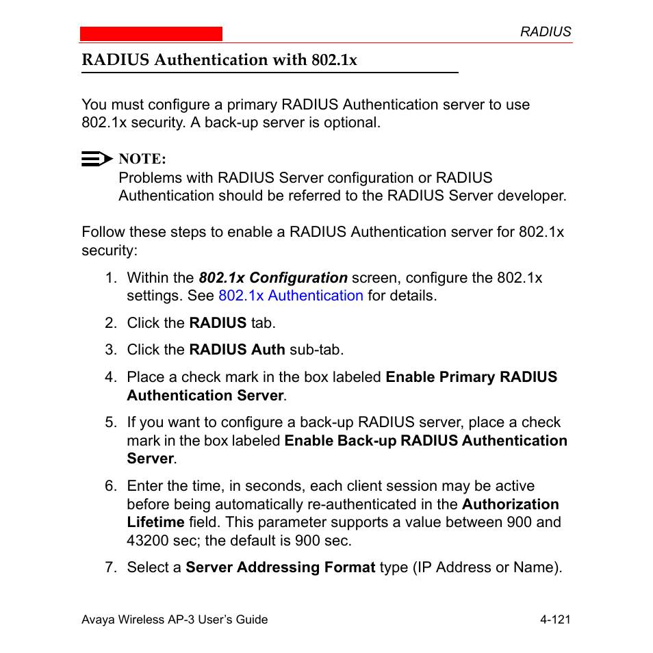 Radius authentication with 802.1x, Radius authentication with 802.1x -121 | Avaya Wireless AP-3 User Manual | Page 209 / 425