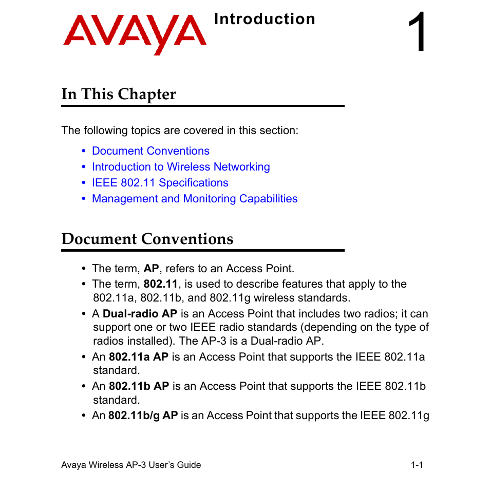 Introduction, In this chapter, Document conventions | In this chapter -1 document conventions -1 | Avaya Wireless AP-3 User Manual | Page 21 / 425