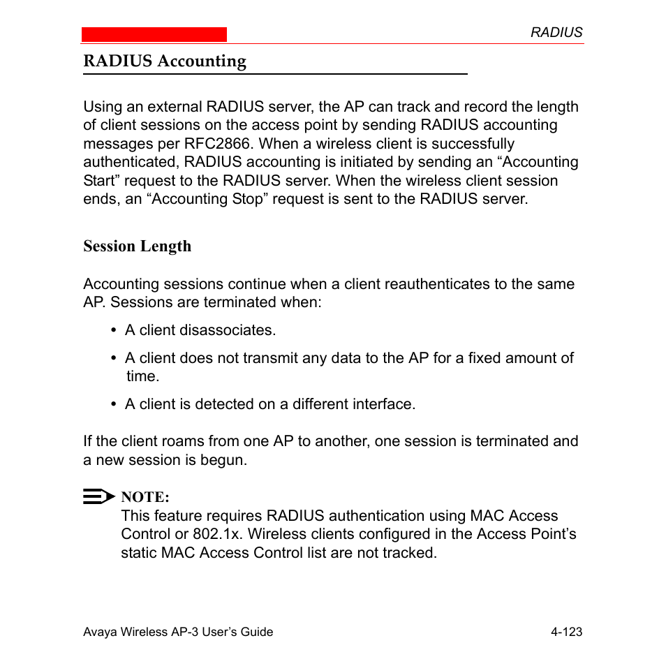 Radius accounting, Session length, Radius accounting -123 | Session length -123 | Avaya Wireless AP-3 User Manual | Page 211 / 425