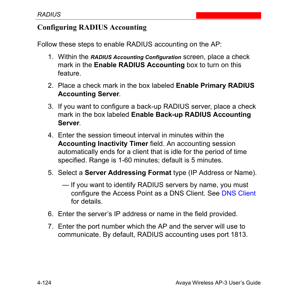 Configuring radius accounting, Configuring radius accounting -124 | Avaya Wireless AP-3 User Manual | Page 212 / 425