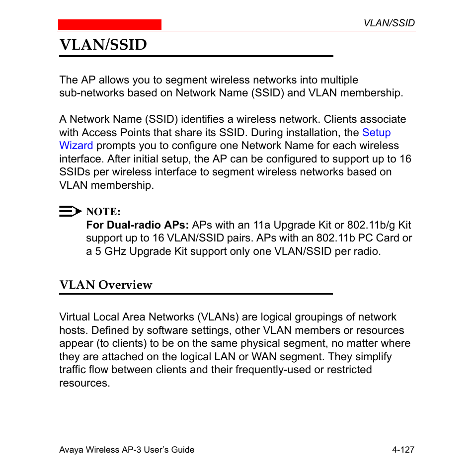 Vlan/ssid, Vlan overview, Vlan/ssid -127 | Vlan overview -127 | Avaya Wireless AP-3 User Manual | Page 215 / 425