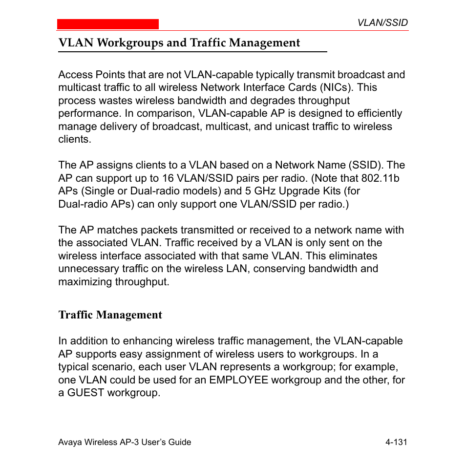 Vlan workgroups and traffic management, Traffic management, Vlan workgroups and traffic management -131 | Traffic management -131 | Avaya Wireless AP-3 User Manual | Page 219 / 425