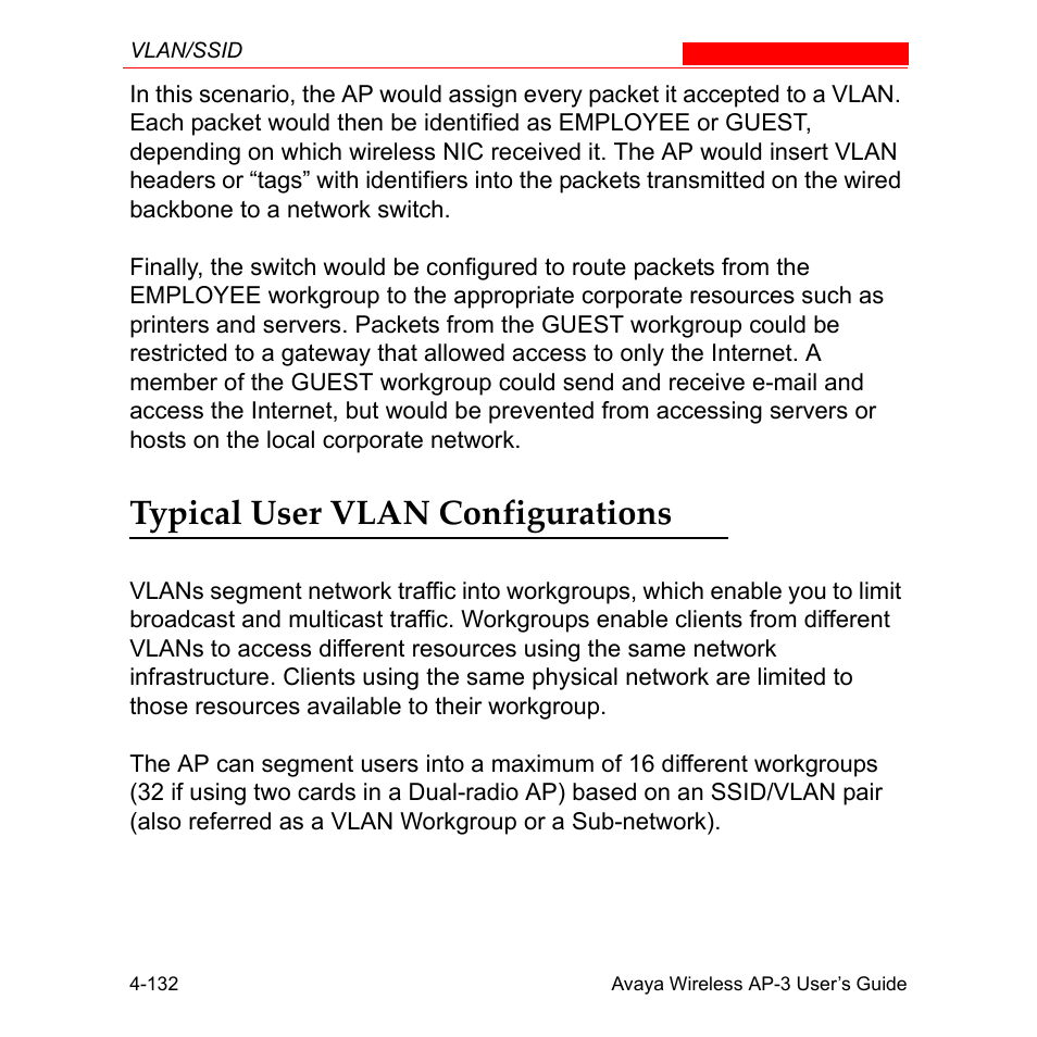 Typical user vlan configurations, Typical user vlan configurations -132 | Avaya Wireless AP-3 User Manual | Page 220 / 425