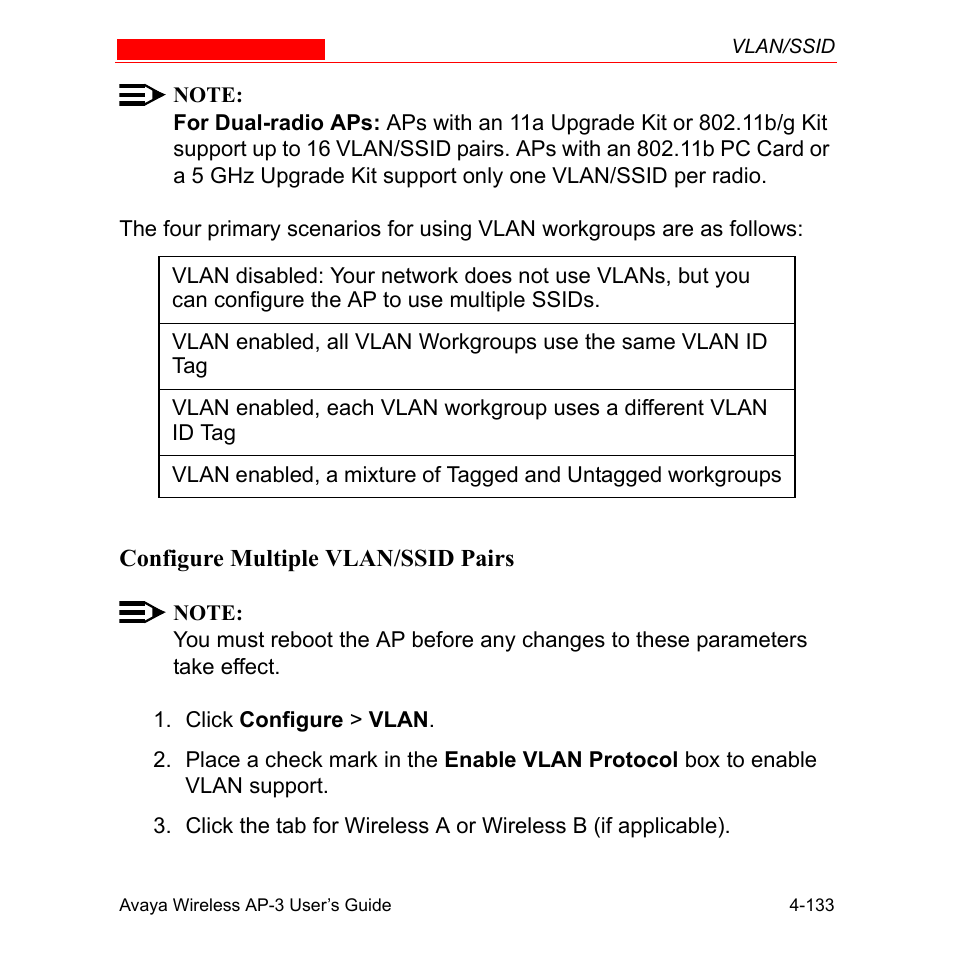 Configure multiple vlan/ssid pairs, Configure multiple vlan/ssid pairs -133 | Avaya Wireless AP-3 User Manual | Page 221 / 425