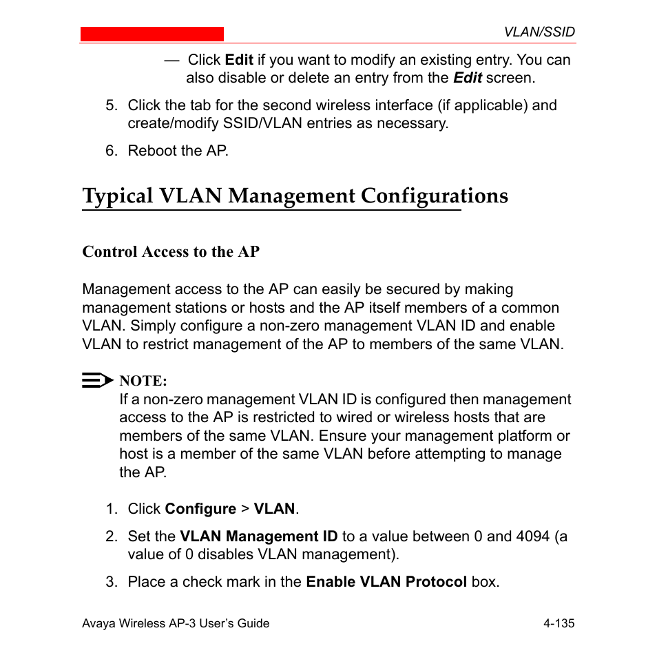 Typical vlan management configurations, Control access to the ap, Typical vlan management configurations -135 | Control access to the ap -135 | Avaya Wireless AP-3 User Manual | Page 223 / 425