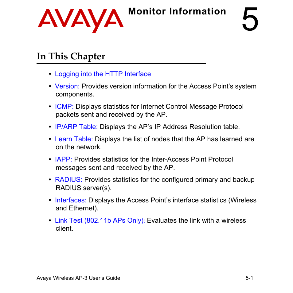 Monitor information, In this chapter, In this chapter -1 | Monitor information in this chapter | Avaya Wireless AP-3 User Manual | Page 225 / 425