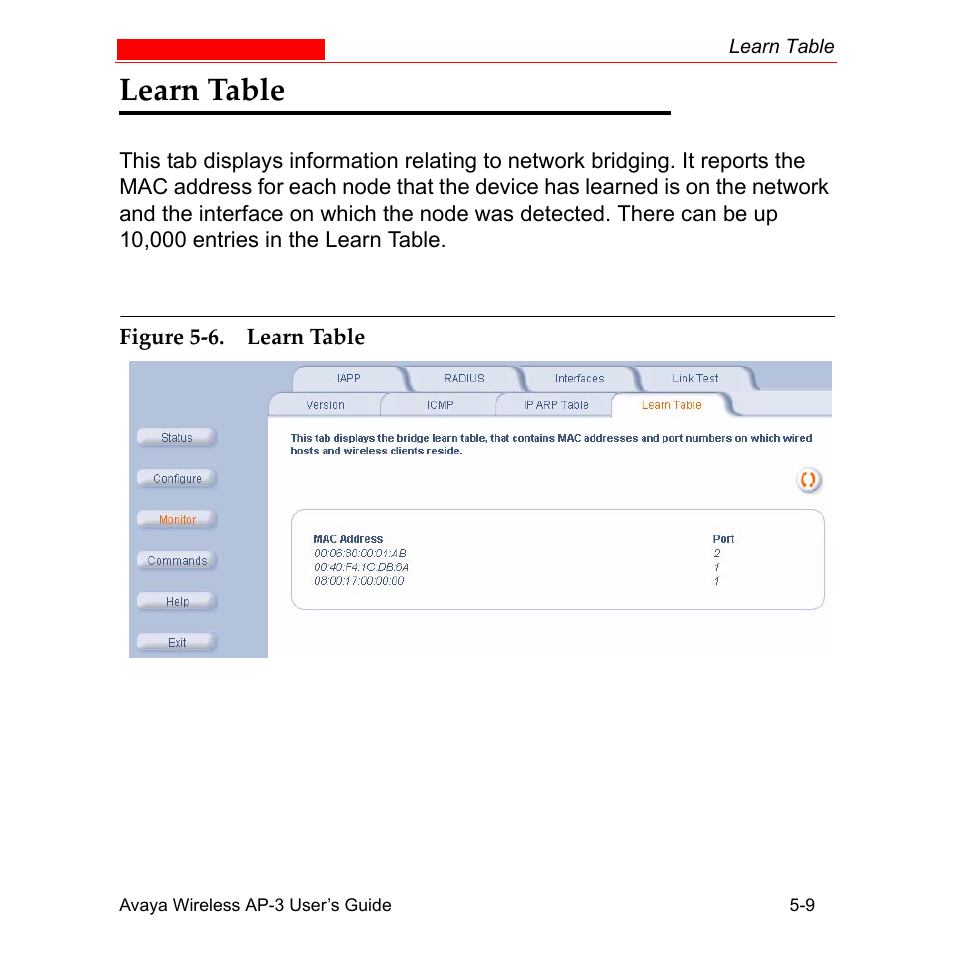 Learn table, Learn table -10 | Avaya Wireless AP-3 User Manual | Page 233 / 425
