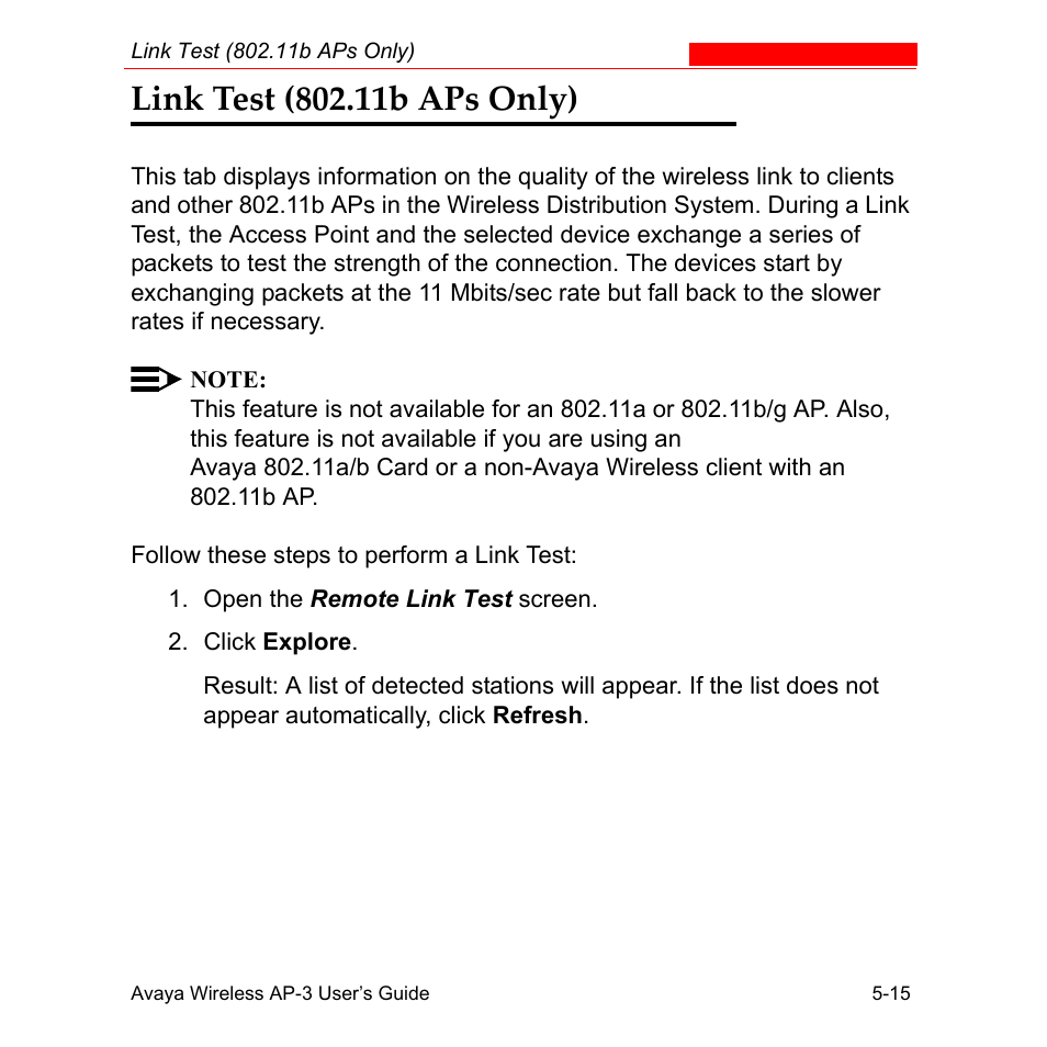 Link test (802.11b aps only), Link test (802.11b aps only) -16 | Avaya Wireless AP-3 User Manual | Page 239 / 425