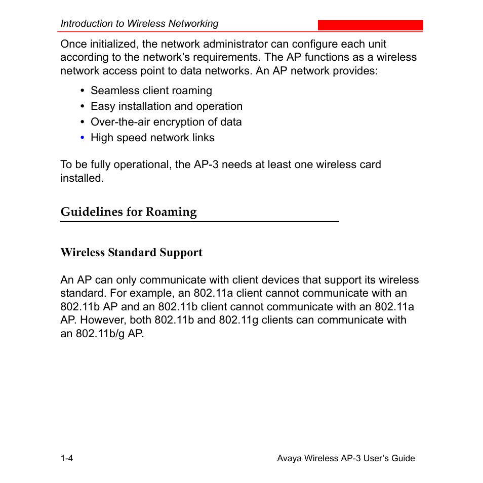 Guidelines for roaming, Wireless standard support, Guidelines for roaming -4 | Wireless standard support -4 | Avaya Wireless AP-3 User Manual | Page 24 / 425