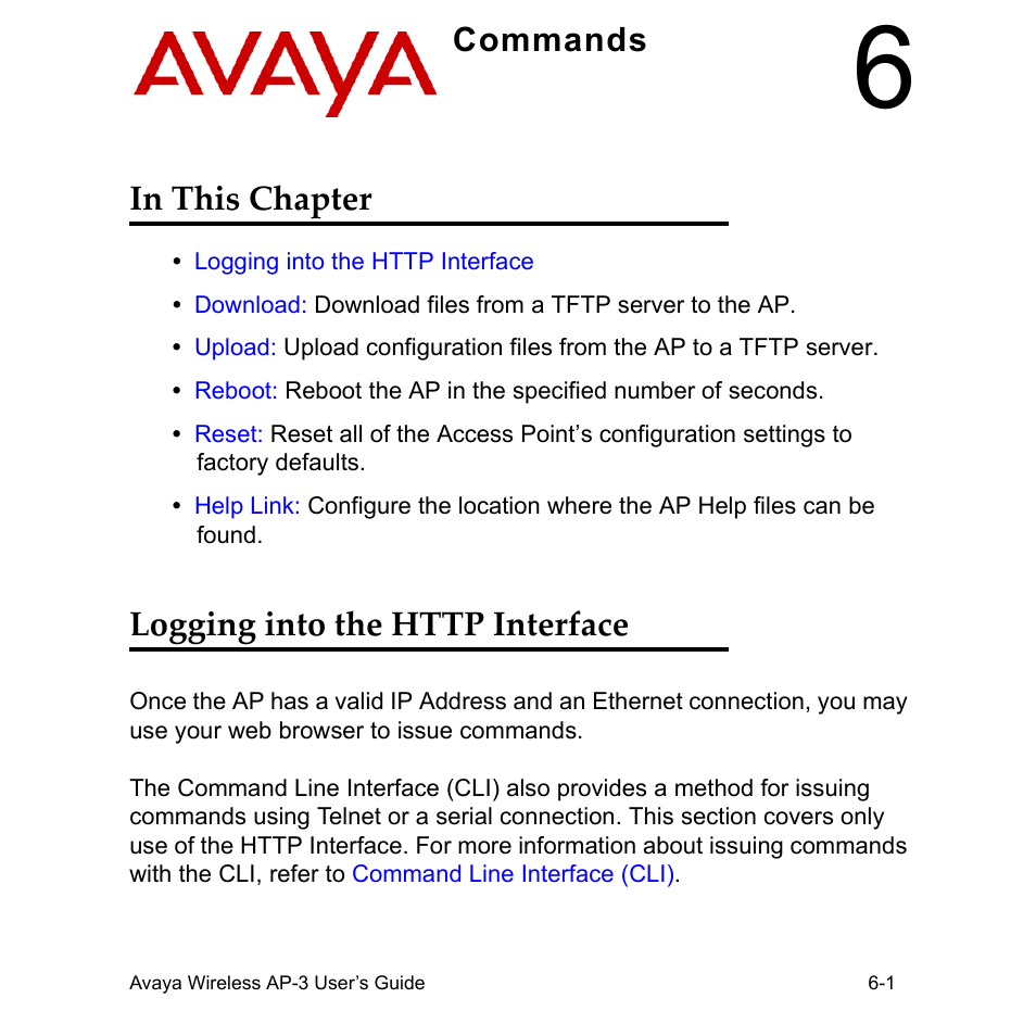 Commands, In this chapter, Logging into the http interface | Commands in this chapter | Avaya Wireless AP-3 User Manual | Page 244 / 425