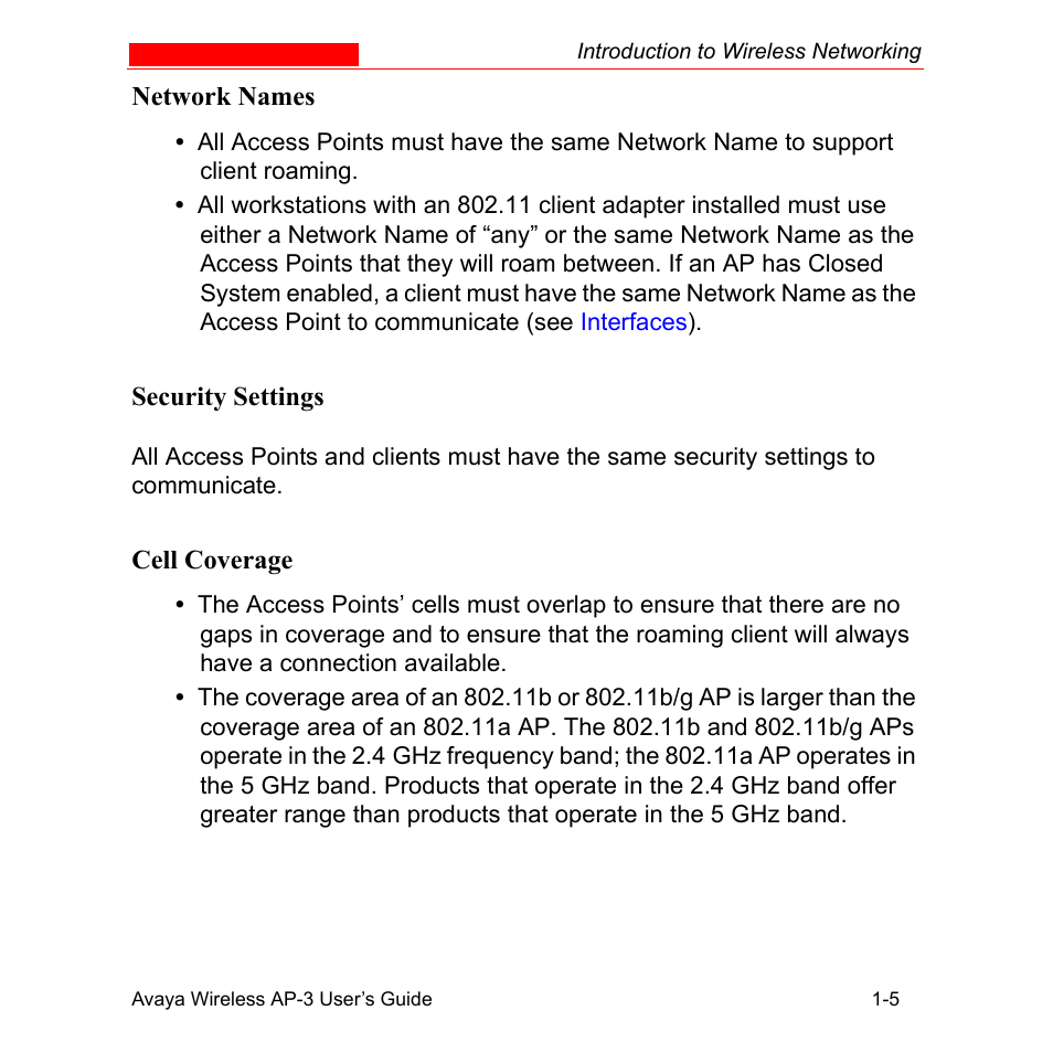 Network names, Security settings, Cell coverage | Avaya Wireless AP-3 User Manual | Page 25 / 425