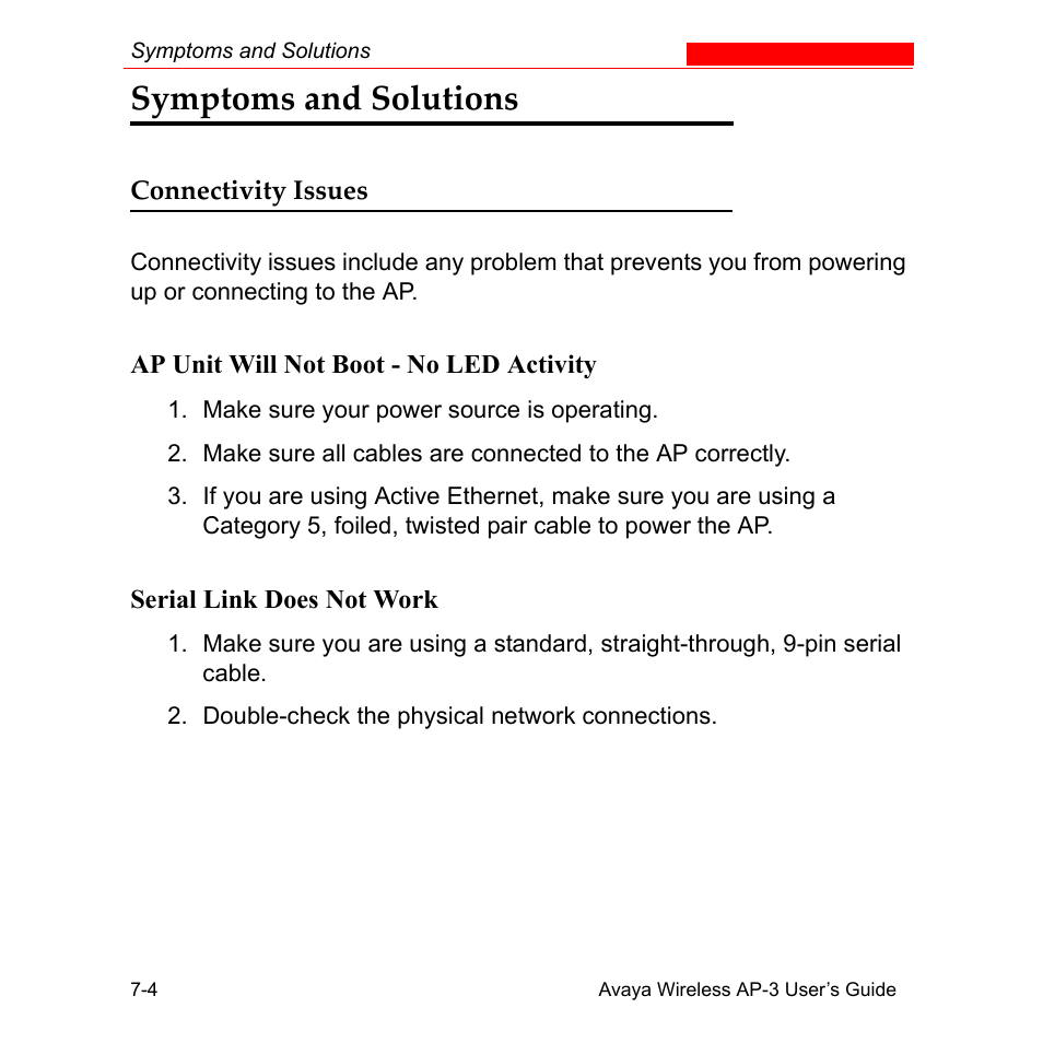 Symptoms and solutions, Connectivity issues, Ap unit will not boot - no led activity | Serial link does not work, Symptoms and solutions -4, Connectivity issues -4 | Avaya Wireless AP-3 User Manual | Page 259 / 425