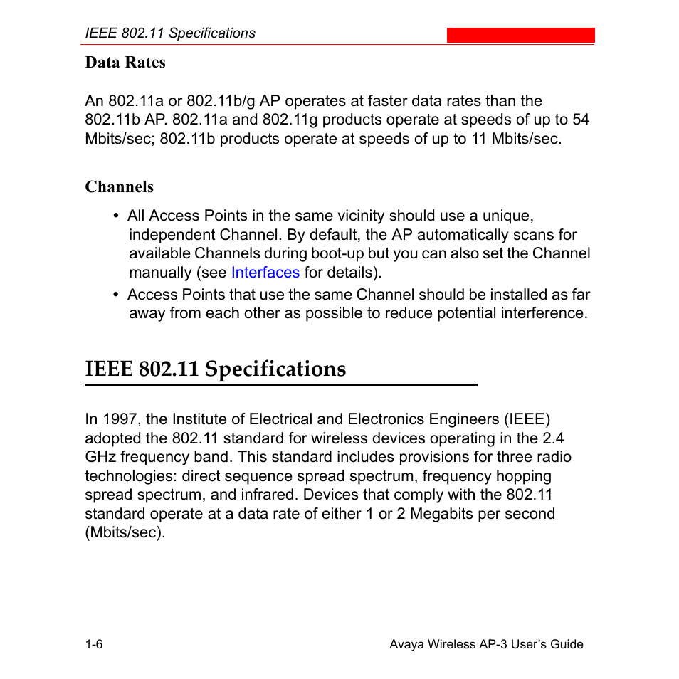 Data rates, Channels, Ieee 802.11 specifications | Data rates -6 channels -6, Ieee 802.11 specifications -6 | Avaya Wireless AP-3 User Manual | Page 26 / 425