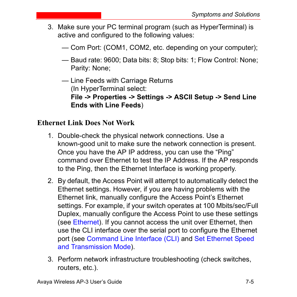Ethernet link does not work, Ethernet link does not work -5 | Avaya Wireless AP-3 User Manual | Page 260 / 425