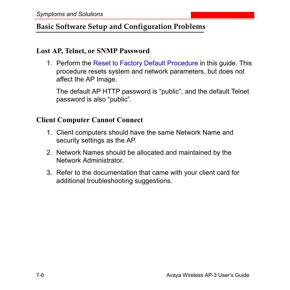 Basic software setup and configuration problems, Lost ap, telnet, or snmp password, Client computer cannot connect | Basic software setup and configuration problems -6 | Avaya Wireless AP-3 User Manual | Page 261 / 425