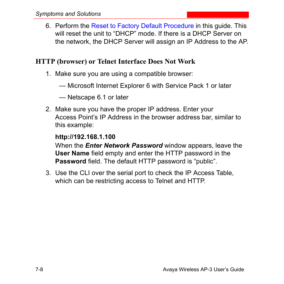 Http (browser) or telnet interface does not work | Avaya Wireless AP-3 User Manual | Page 263 / 425