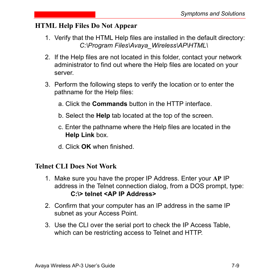 Html help files do not appear, Telnet cli does not work | Avaya Wireless AP-3 User Manual | Page 264 / 425