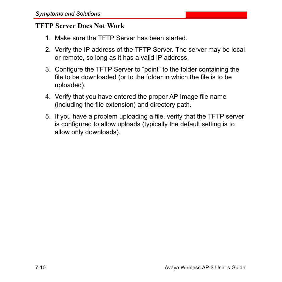 Tftp server does not work, Tftp server does not work -10 | Avaya Wireless AP-3 User Manual | Page 265 / 425