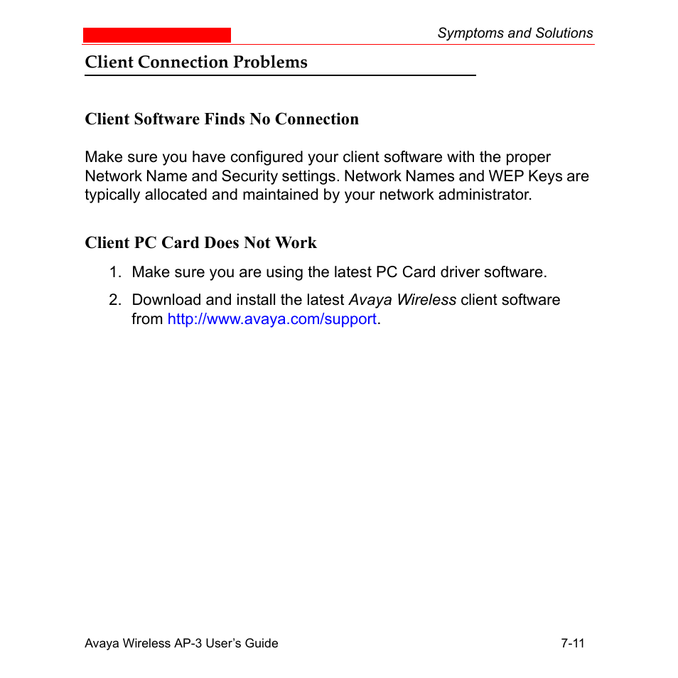 Client connection problems, Client software finds no connection, Client pc card does not work | Client connection problems -11 | Avaya Wireless AP-3 User Manual | Page 266 / 425