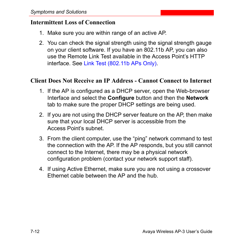 Intermittent loss of connection, Intermittent loss of connection -12 | Avaya Wireless AP-3 User Manual | Page 267 / 425