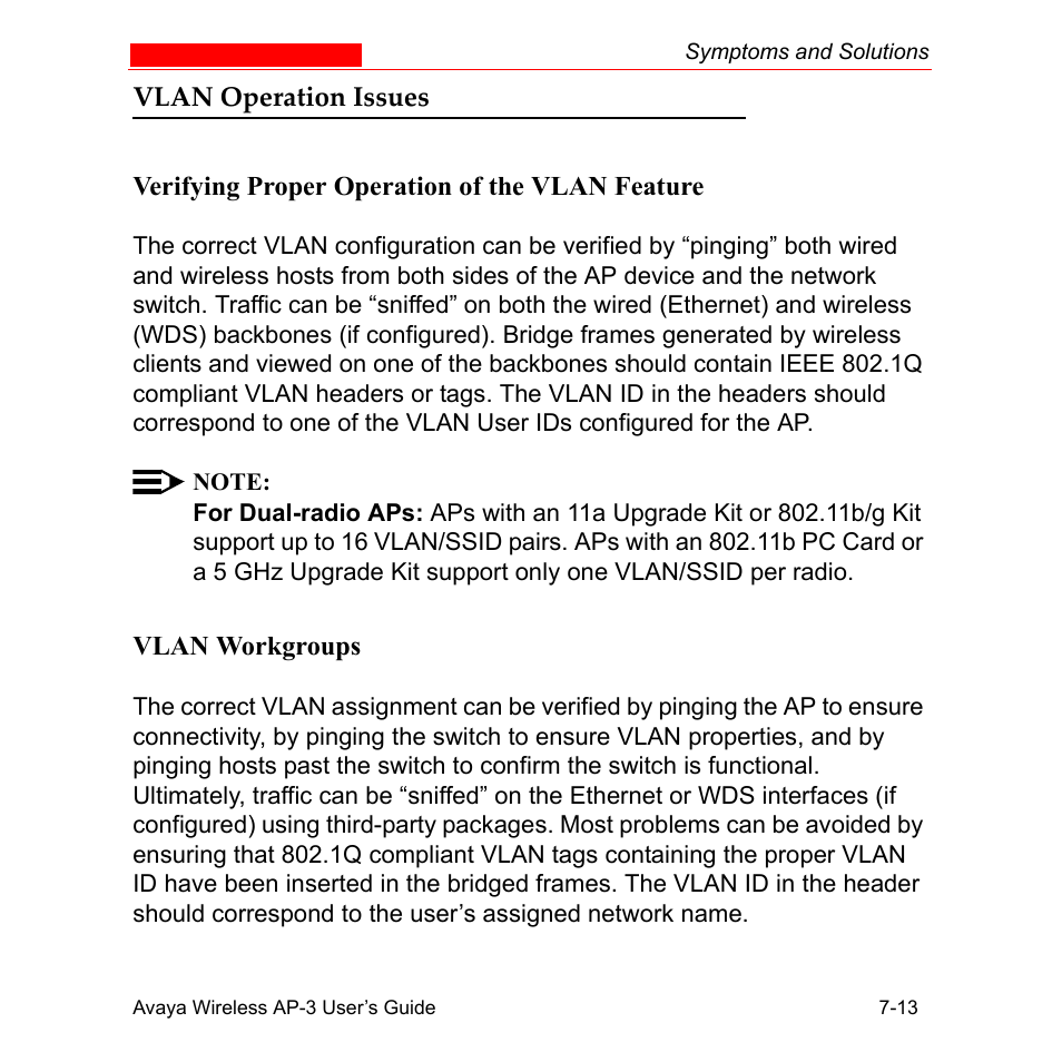 Vlan operation issues, Verifying proper operation of the vlan feature, Vlan workgroups | Vlan operation issues -13 | Avaya Wireless AP-3 User Manual | Page 268 / 425