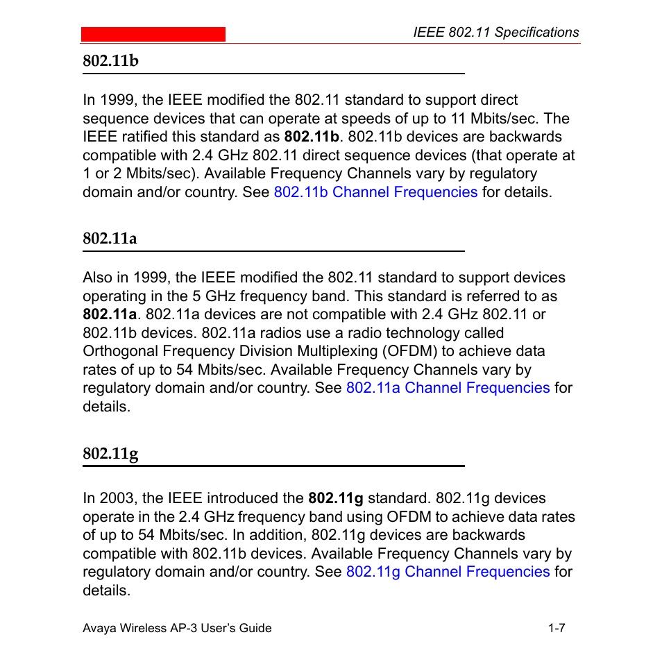 11b -7 802.11a -7 802.11g -7 | Avaya Wireless AP-3 User Manual | Page 27 / 425